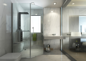 Transparent glass bathroom with shower and WC in contemporary style contemporary. 3D render.